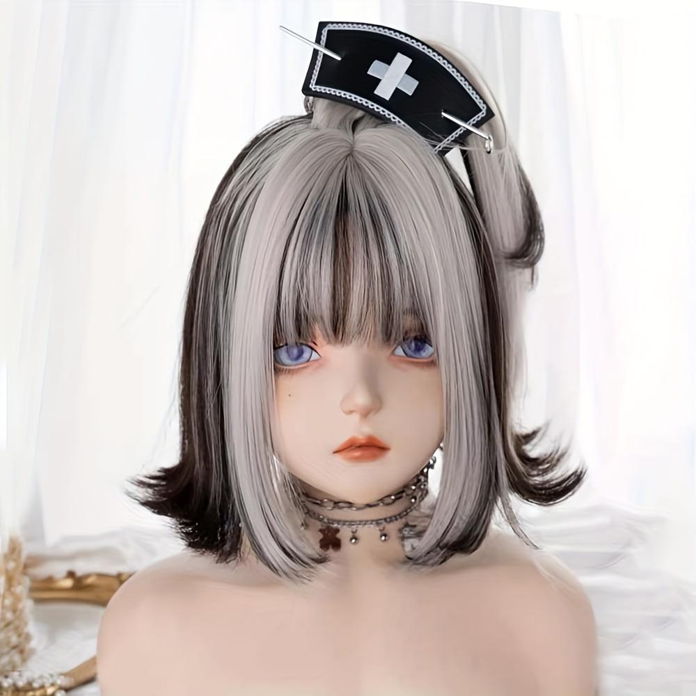 Anime Cosplay Wig Short Synthetic Wig With Bangs Gray Hair With Black Highlights For Women Daily Party Costume Cosplay