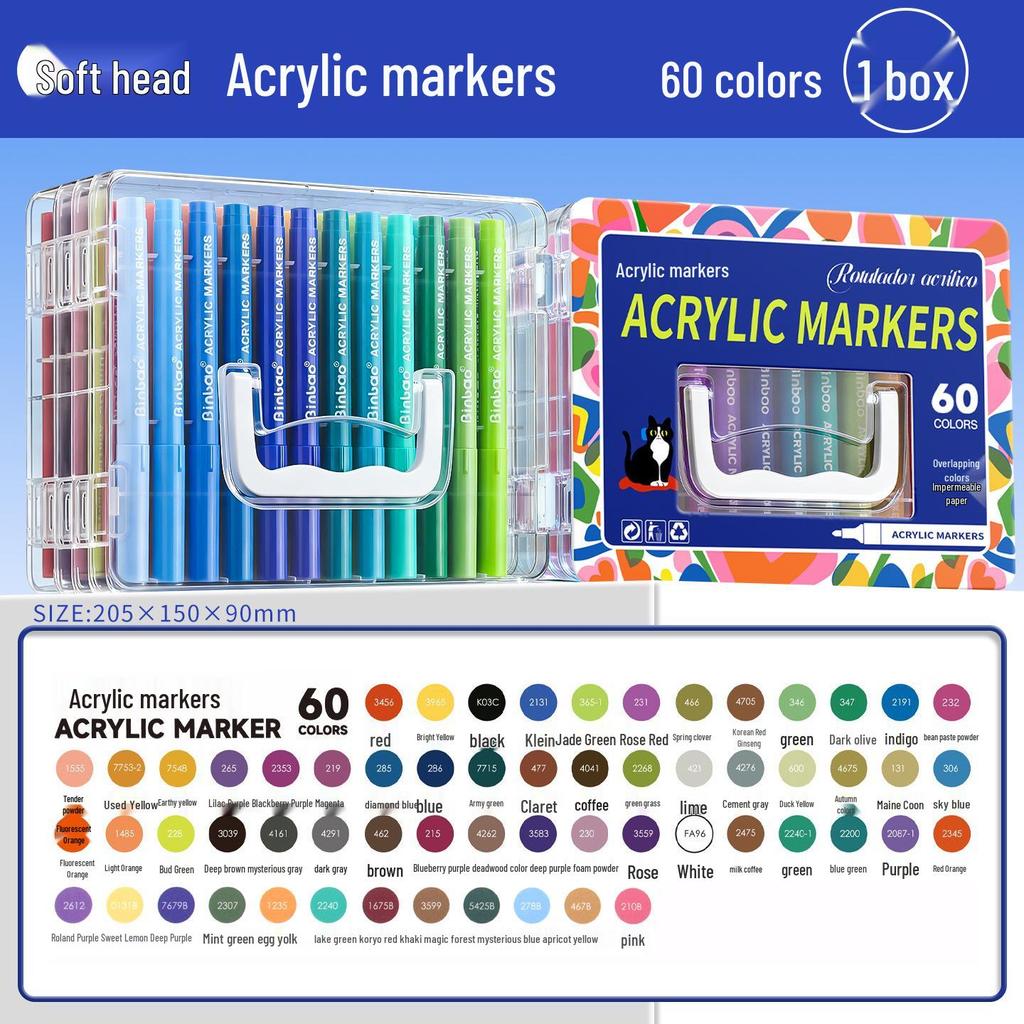 Akrylmarkör med mjuk spets och direktbläck & Staplingsbar låda – Blöder inte igenom, Stark täckning för grundskoleelever