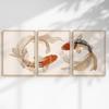 Triptych s rybami Koi Nástěnné umění, Japonská minimalistická sada 3 tisků, Neutrální béžová Zen dekorace, Moderní nástěnné umění do obývacího pokoje, Asijské umělecké dílo