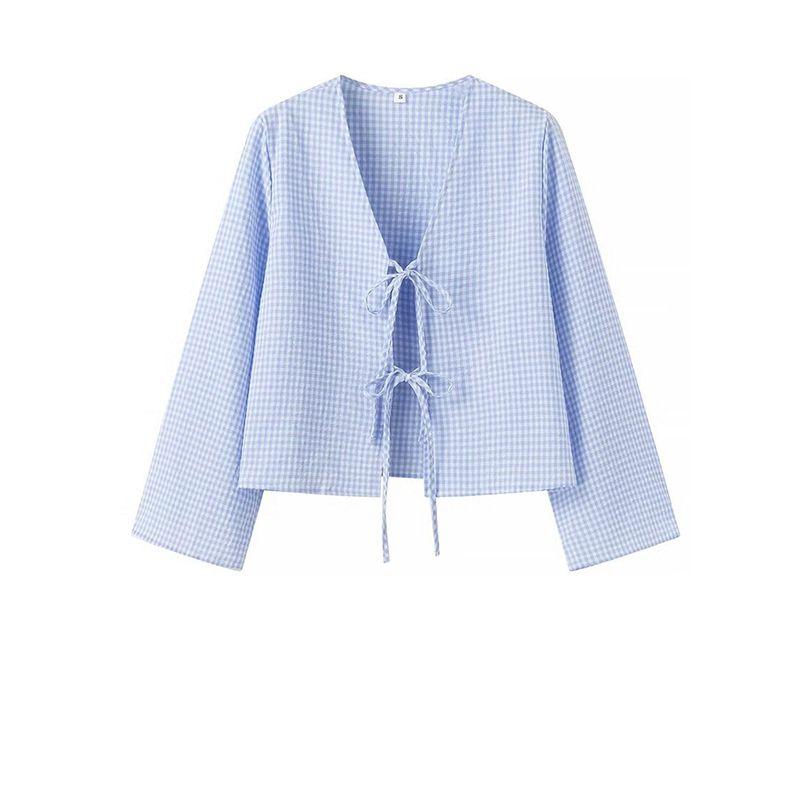 

Kaslead New Arrival Women s Fashion Style Fashion Casual Easiest for Match Minimalist Gingham Lace-up Long Sleeve Shirt Blue L