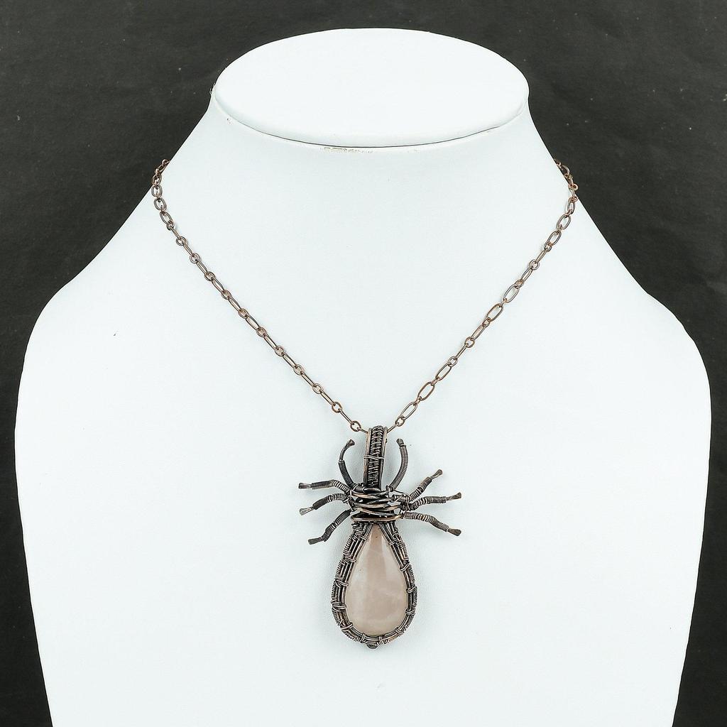 Rose Quartz Copper Pendant Copper Wire Wrapped Jewelry Handmade Spider Pendant Gemstone Copper Pendant Gift For Mother Wire Wrapped Pendant