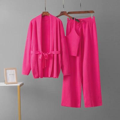 Dames Trendy Casual Wollen Driedelig Pak: Gebreid Vest, Bretels en Wijde Pijpen.