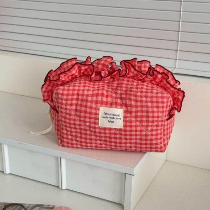 Makeup Organizer Bag Large Capacity Ruffled Edge Bow Floral Print Pen Storage for School Travel Work