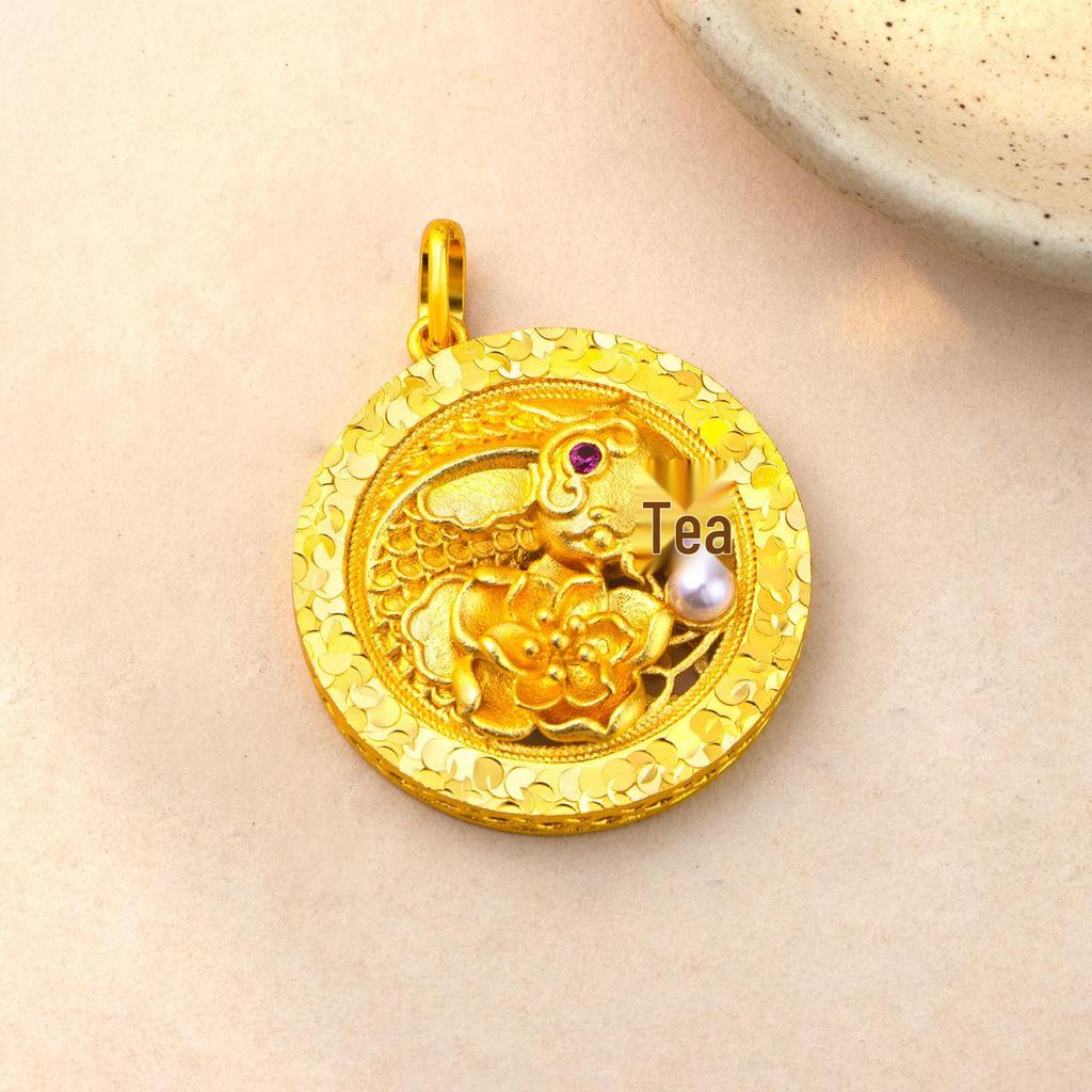 Exquisite Koi Lotus Pearl Necklace with Gold Crushed Ice Pattern