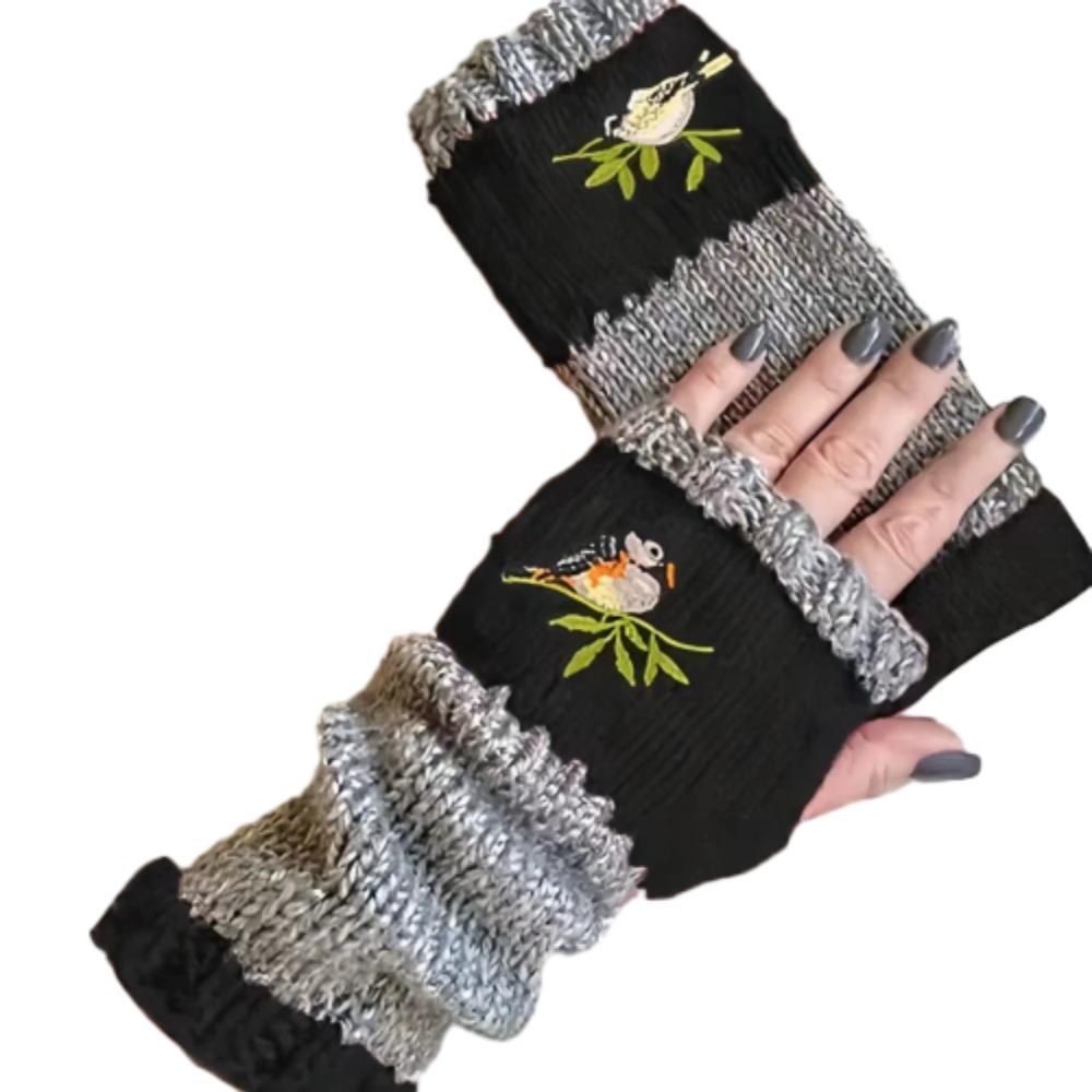 Embroidered Bird Half Finger Gloves Spicy Girl Y2k Winter Mittens Outdoor