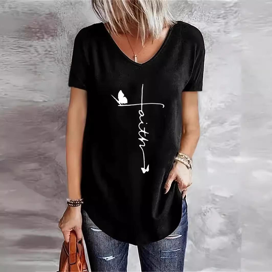 

2024 Women s V-Neck Short Sleeve European & American Print Top XXL
