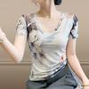 Summer New Mesh Women's Short Sleeved V-neck Top Fashionable Base Shirt Stylish and Chic Ice Silk T-shirt