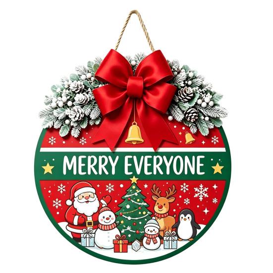 Decorative Pine Cone Sign Christmas Wooden Welcome for Front Door, Round Hanging Ornament with Solid Wood Plate Artificial Branches & Bow Decor