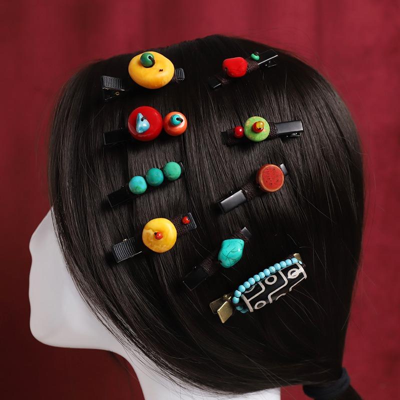 Retro Handmade Hairpin Niche Exquisite Woven Turquoise Beeswax Bangs Side Clip Tibetan Hair Jewelry