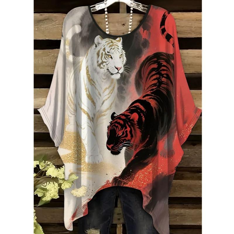 Camiseta de Mujer Moda Leopardo Impresión 3D Tops Verano Sexy Cuello Redondo Manga Corta Camiseta Calle Casual Holgada Ropa de Mujer