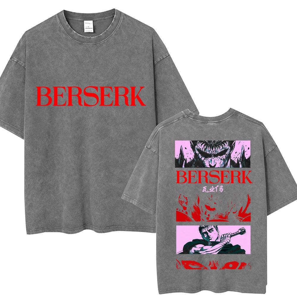 Vintage Washed Anime Berserk Guts T Shirt Swordsman Gatsu Sacrifice Zodd Harajuku TShirt Men Women Loose Cotton Tees Streetwear