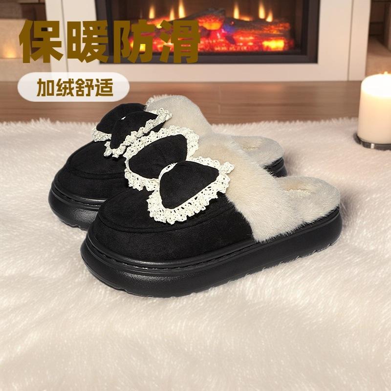 New Bow-tie Fluffy Slippers Autumn and Winter Indoor Thick-soled Heightening Cotton Slippers Home Thermal Cotton Shoes