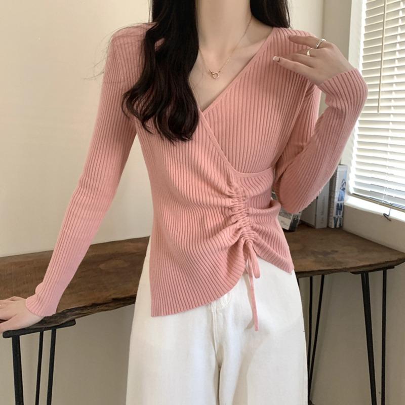 French Cross Slim Inside with Drawstring Knit Top Base for Women's Autumn/Winter Slimming V-neck Sweater Trend