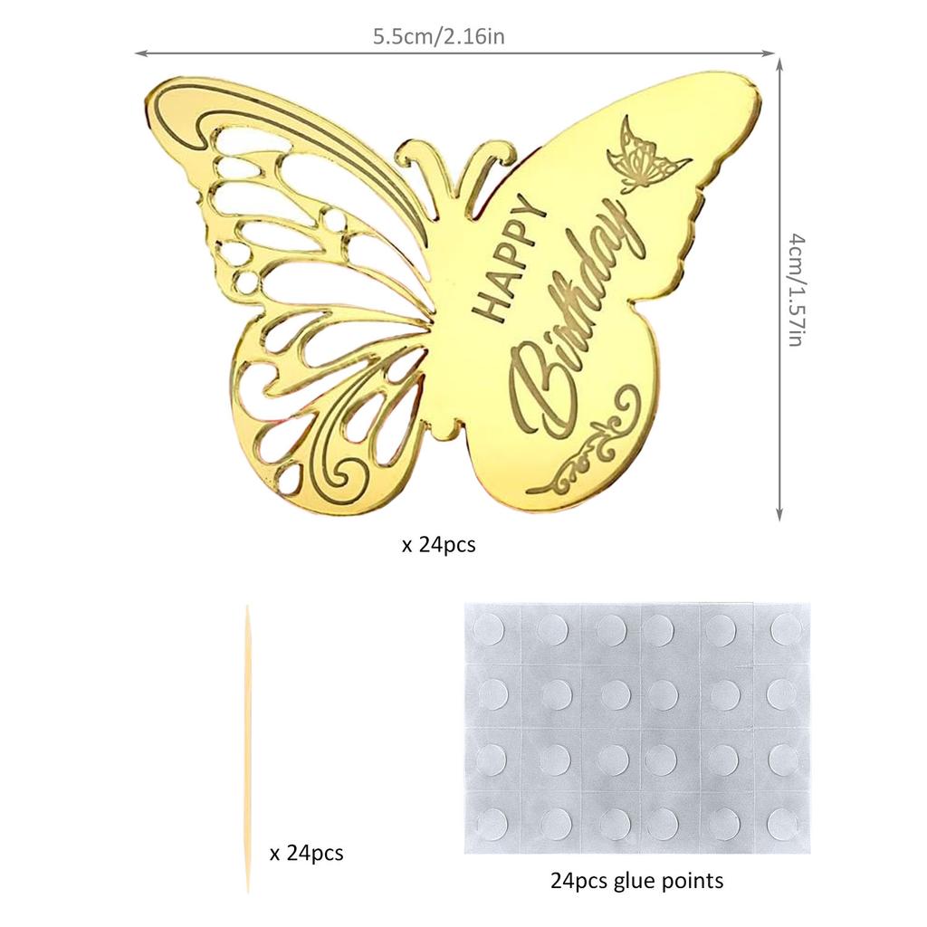 12 Pieces Acrylic Happy Birthday Butterfly Cupcake Toppers for Party, Engraved Mirror Acrylic Cake Disc for DIY Cupcake Decor