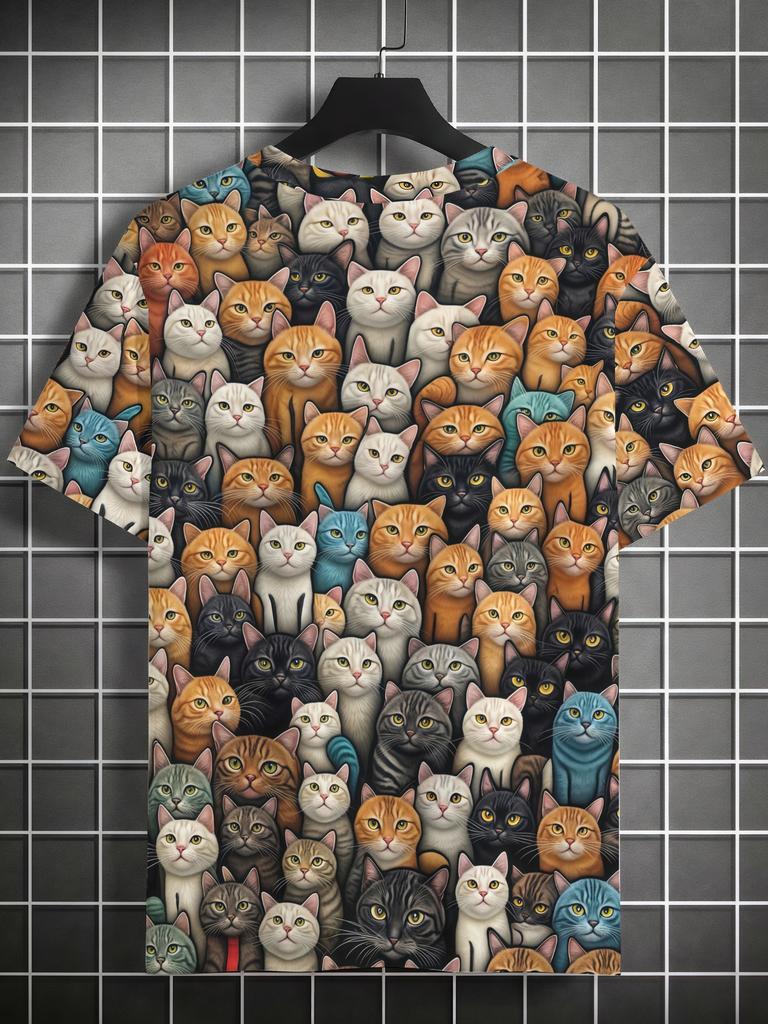T-shirt Vintage da Uomo con Stampa di Gatti - Manica Corta Girocollo a Corpo Intero Top Casual con Design Felino Retrò, Lavabile in Lavatrice Adatto per Abbigliamento Casual,