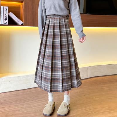 Damen hochtaillierter schlanker mittellanger Rock plissierter Karorock elastischer Bund figurumspielend A-Linie Wollplisseerock