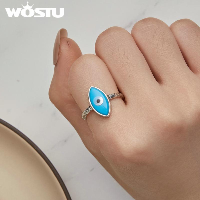 WOSTU 925 Sterling Silver Vintage Style Blue Demon's Eye Stackable Rings Party Jewelry Gift