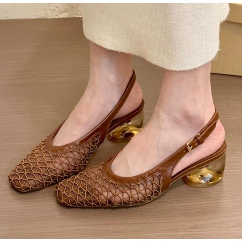 Fashion French Temperament Square Head Braided Bag Head Backspace Sandals Spring and Summer New Fashion Crystal Single Shoes Dark Brown