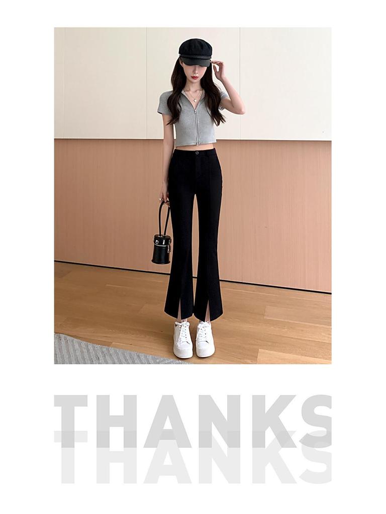 Women's Black High-Waisted Slimming Micro-Flare Pants with Slit - Summer 2025 Collection
