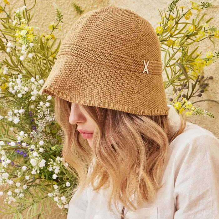 Studded Logo Summer Knit Bucket Hat Beige