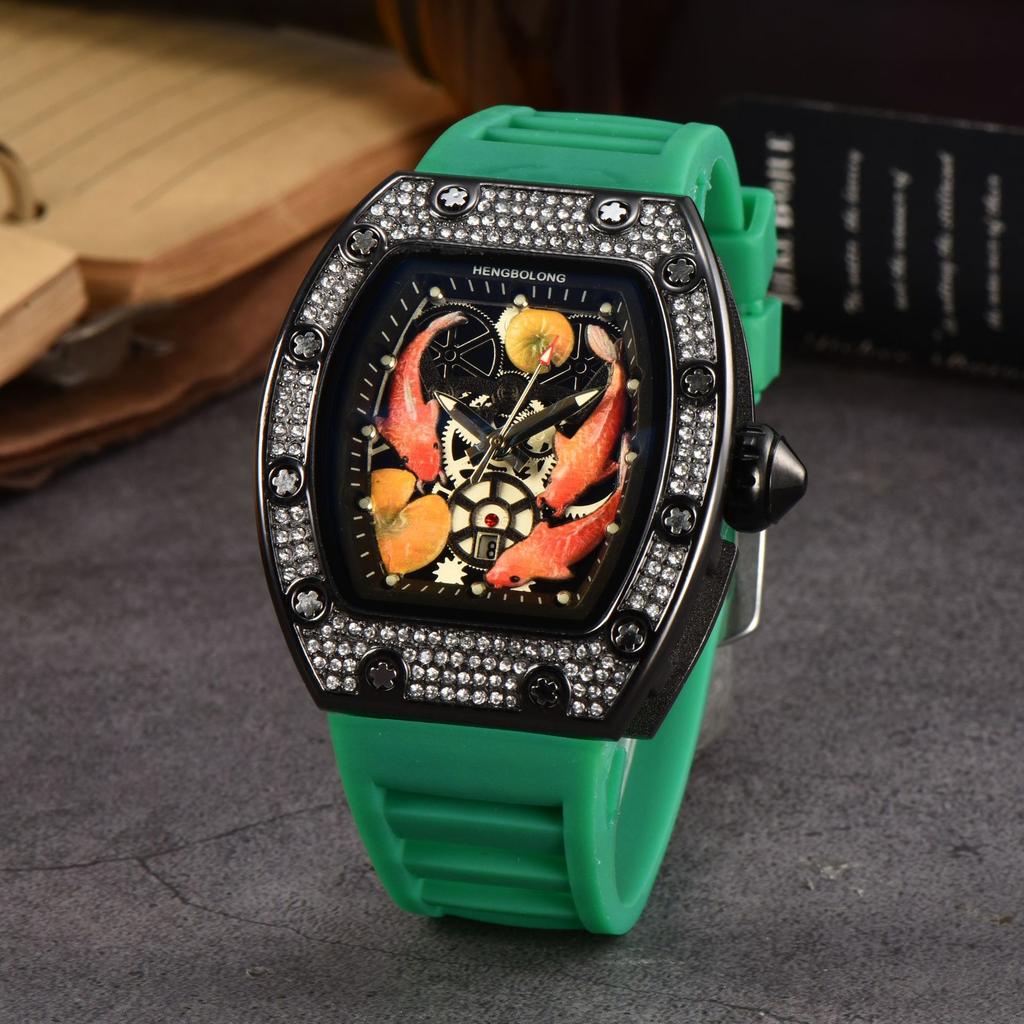 2025 New Hengbolong Diamond Quartz Watch Men's Fashion Koi Pattern with Calendar Silicone Watch with Spot
