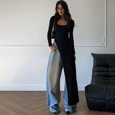 2024 Autumn/Winter Women's Round Neck Long Sleeve Irregular Hem Slim T-Shirt