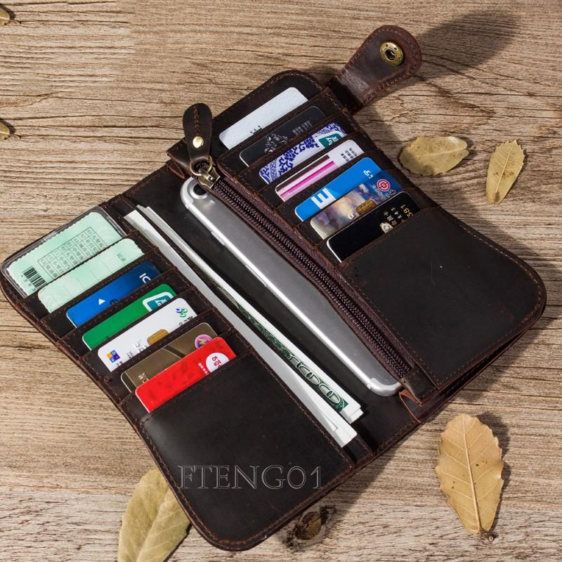 Men's Long Wallet Genuine Leather Vintage Bronze Chain Waist Chain Multi-Card Slots Billfold Wallet With Shoulder Strap For Men