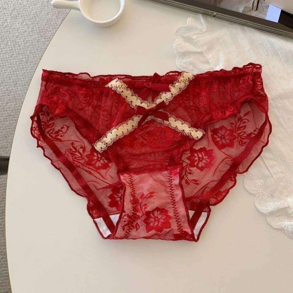 Sweet Low Waist Lace Panties Transparent Cotton Crotch Mesh Flower Briefs Bow Lingerie Underwear for Women Girl