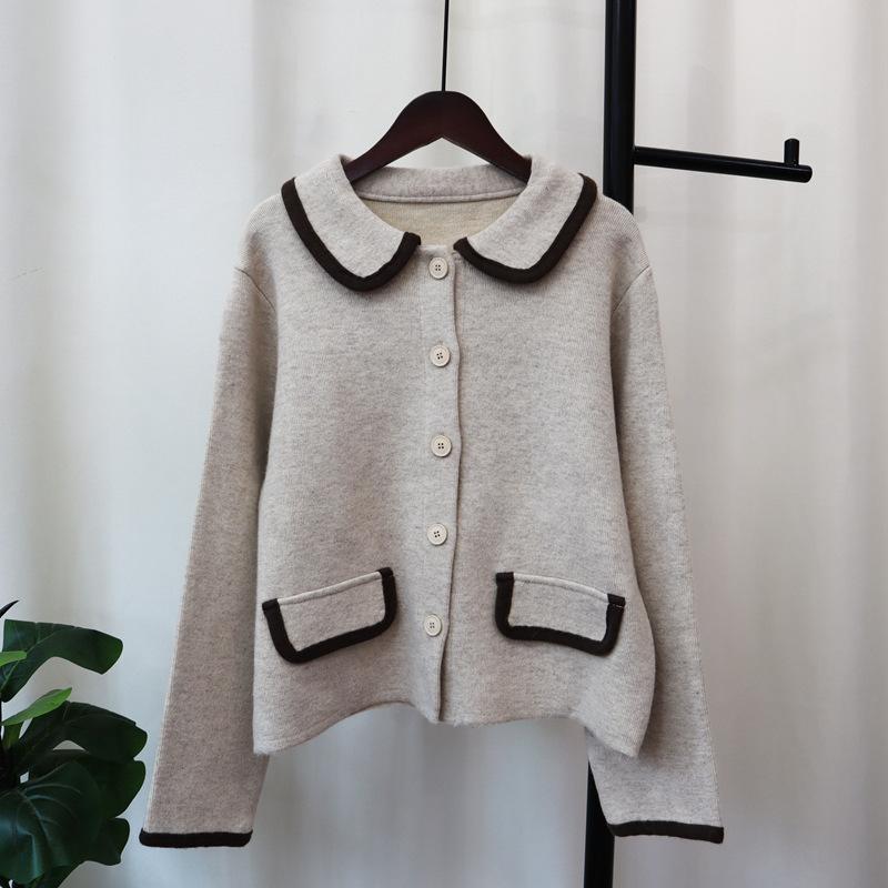 Autumn and Winter New Retro Contrasting Colors Hong Kong Flavor Knitted Cardigan Soft Waxy Design Temperament Loose Sweater Jacket Women