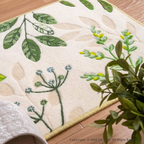 OKA Leaf Breath Kitchen Mat, Approx. 45cm x 180cm, Green (Washable, Antibacterial, Boshu, Non-Slip, Refreshing)