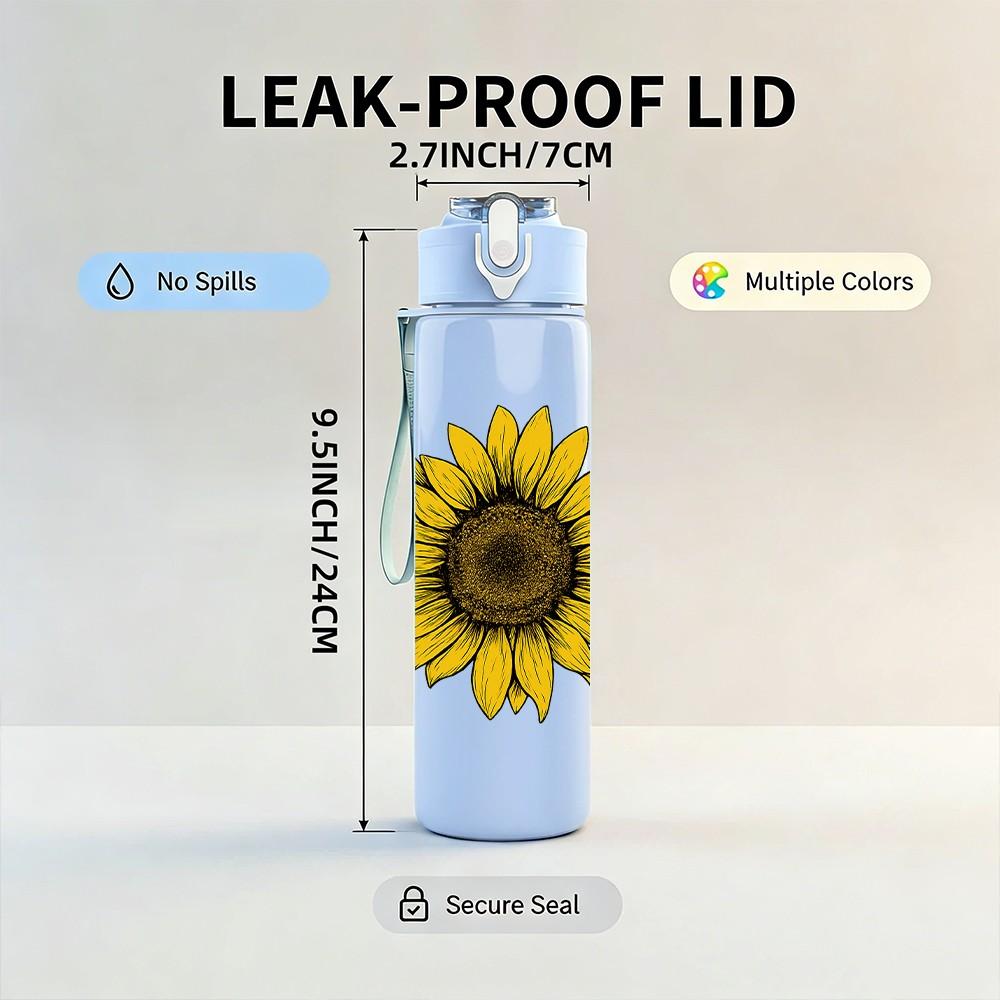 1PC Yellow Sunflower Bloom 750ml Color Plastic Sports Water Bottle Leakproof Flip Straw Lid Suitable for Sports Office Home Use