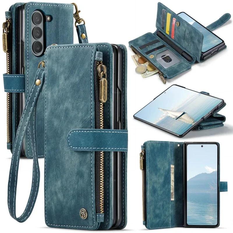 Portafoglio con Zip in Pelle Custodia per Telefono per Samsung Galaxy Z Fold 7 6 5 4 5G Fold7 Fold6 Fold5 Fold4 Portafoglio con Laccetto Scomparto per Carte Custodia