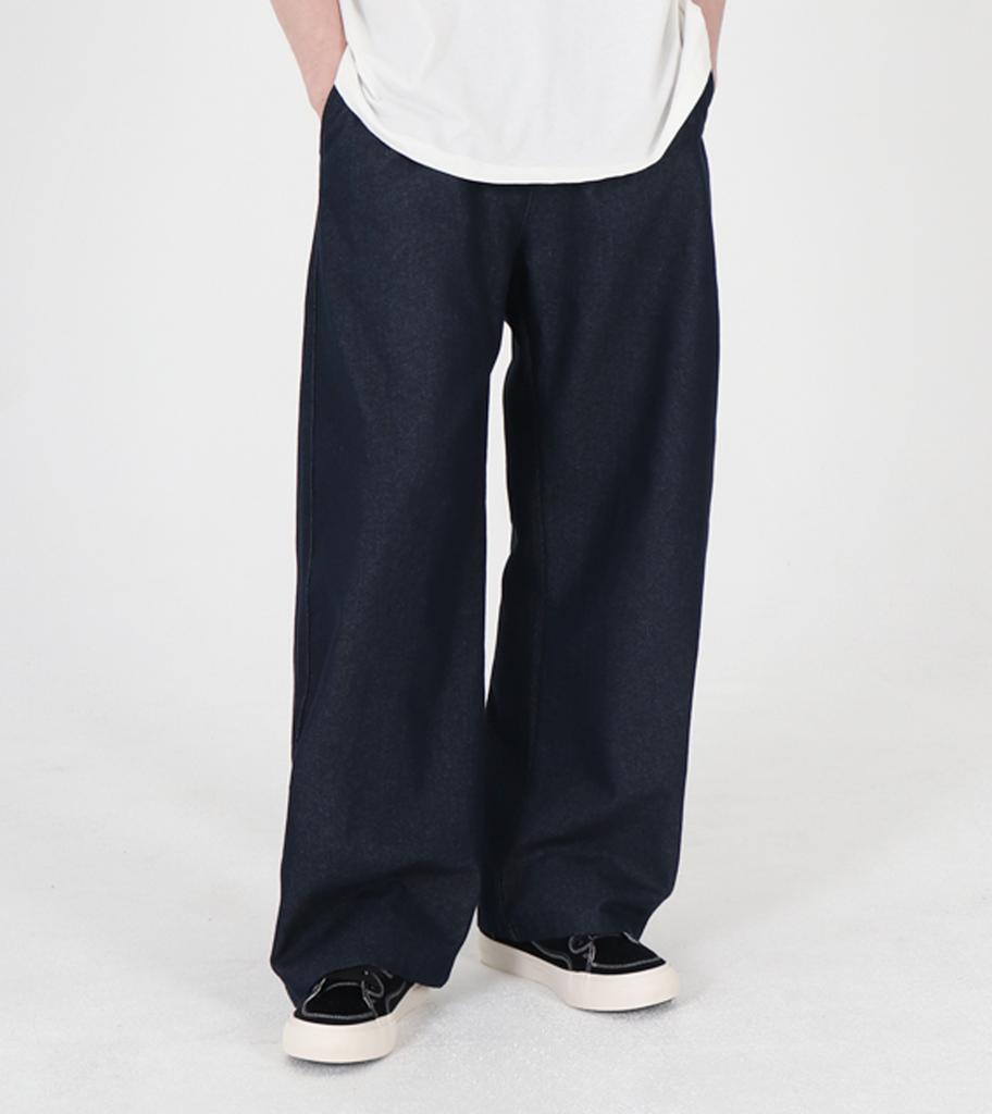 Beoteunseoul Curved Wide Denim Elastic Waist Pants [Deep Blue Indigo]