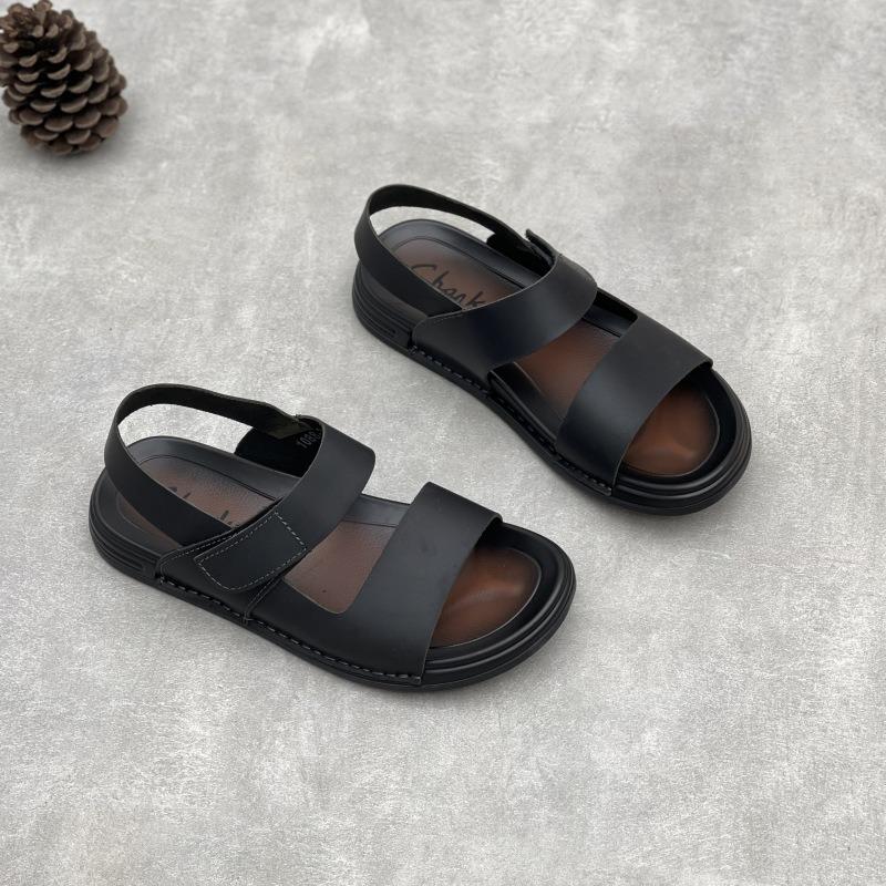 

Мужские сандалии из натуральной кожи на липучках, дышащая пляжная обувь для отдыха на открытом воздухе, нескользящая повседневная обувь из мягкой коровьей кожи 44 чёрный