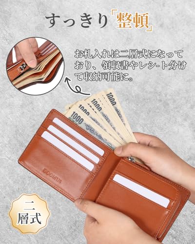 Tochigi Leather Men's Bifold Wallet, Popular Brand, Genuine Leather, Large Capacity, YKK Zipper, Coin Pocket, Crafted by Top Leather Craftsmen, Men's,