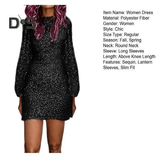 Podzim Jarní Dámské šaty Dlouhé Lucernové rukávy Flitry Pochva s kulatým výstřihem Minišaty Slim Fit Lady Prom Party Banket Krátké šaty