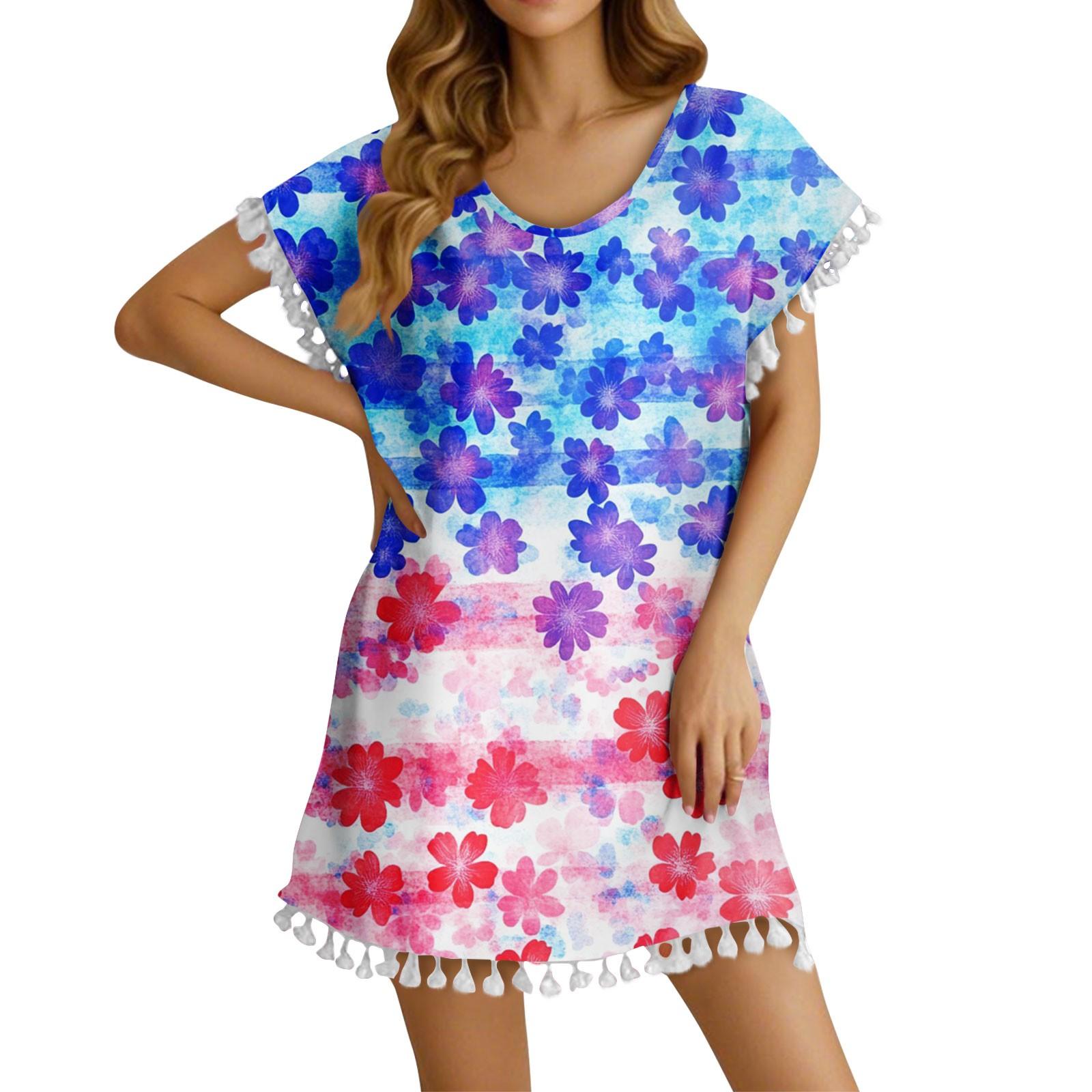 

Women s Fashion Casual Round Neck Sleeveless Fringe Independence Day Print T-shirt Dress XXL синій