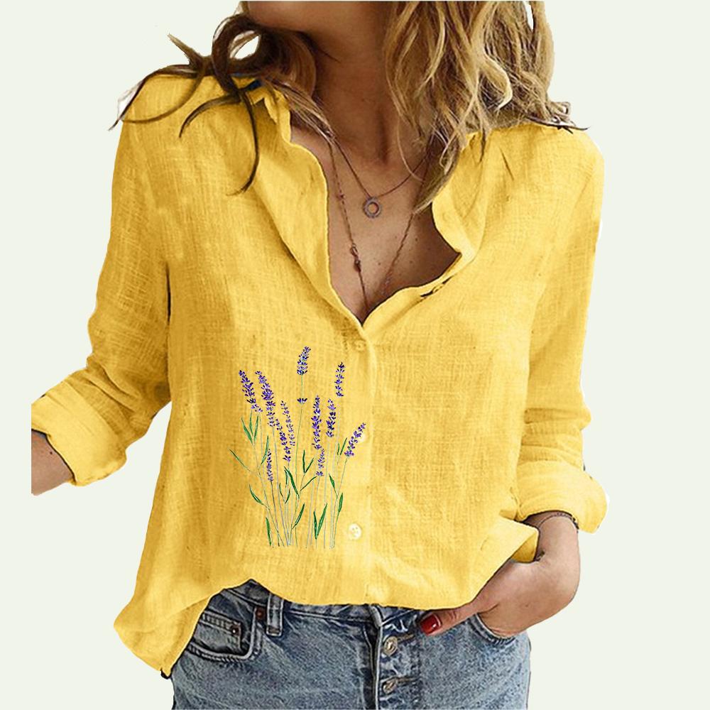 

Женская рубашка с цветочным принтом, летняя и осенняя, повседневная, льняная, женская, модная, с длинным рукавом, блузки 5XL жёлтый
