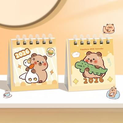 2026 Mini Desk Calendar Kawaii Dolphin Bear Cat Images Office Decor with Spiral Binding Student Table Calendar
