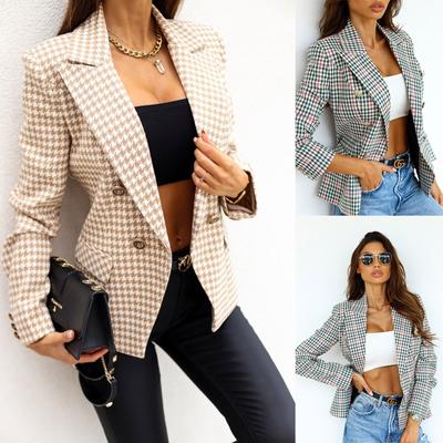 Ladies Fashion Casual British Style Suit Lapel Check Double-breasted Jacket