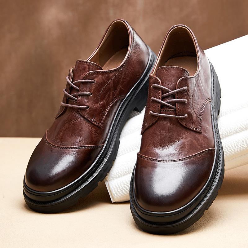 Leather Cowhide Shoes Men'S Business Casual Breathable Thick Sole Heightening Derby Shoes British Dress Wedding Suit Men'S Shoes