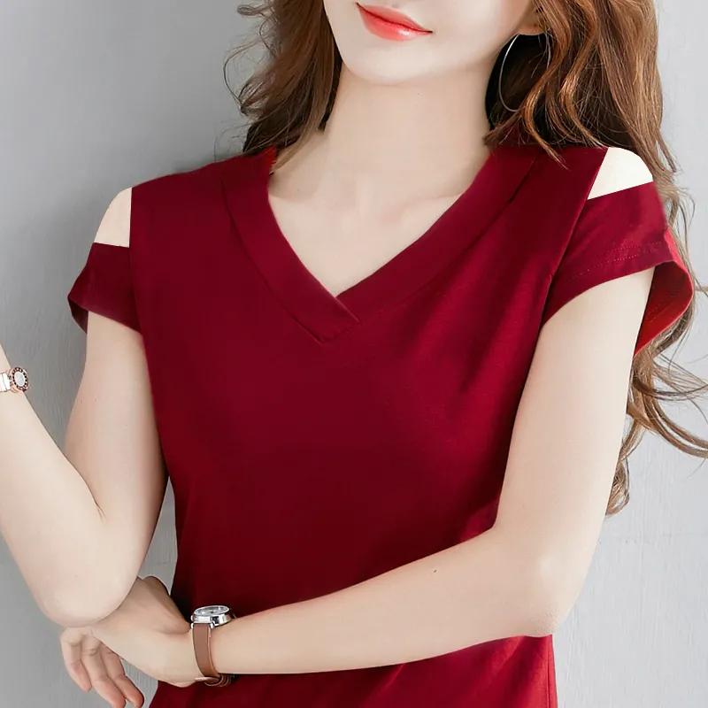 

Женская летняя футболка с короткими рукавами и без бретелек, большой размер, один вырез, однотонная рубашка в стиле Commuter Design XS вино красного