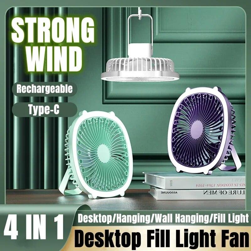 Dobíjecí ventilátor 4 v 1 s lehkým stropním ventilátorem Campingový ventilátor Mini ventilátor Stolní ventilátor