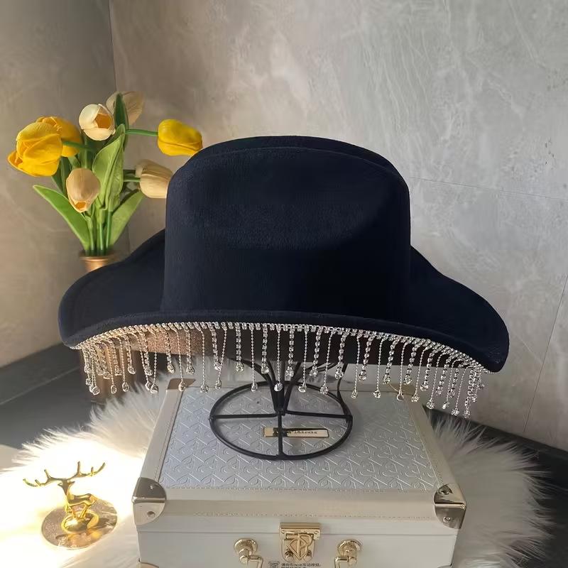 European and American Style Western Cowboy Hat Fringed Rhinestone Autumn and Winter Hat Women's French Retro Jazz Top Hat