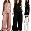 Damen 2-teiliges Leinen-Set Ärmelloses V-Ausschnitt Knopfleiste Tanktop und Weite Hosen Set Sommer Lässig Lounge Outfits