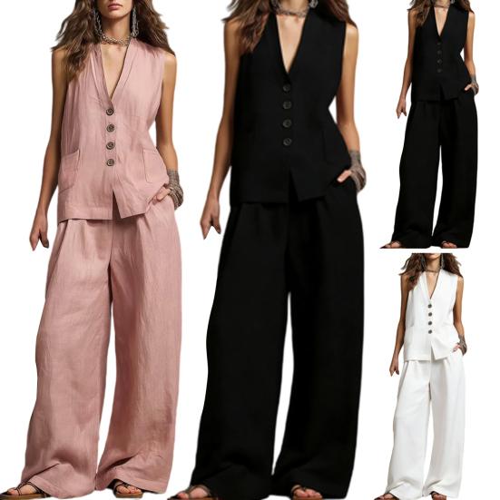 Damen 2-teiliges Leinen-Set Ärmelloses V-Ausschnitt Knopfleiste Tanktop und Weite Hosen Set Sommer Lässig Lounge Outfits