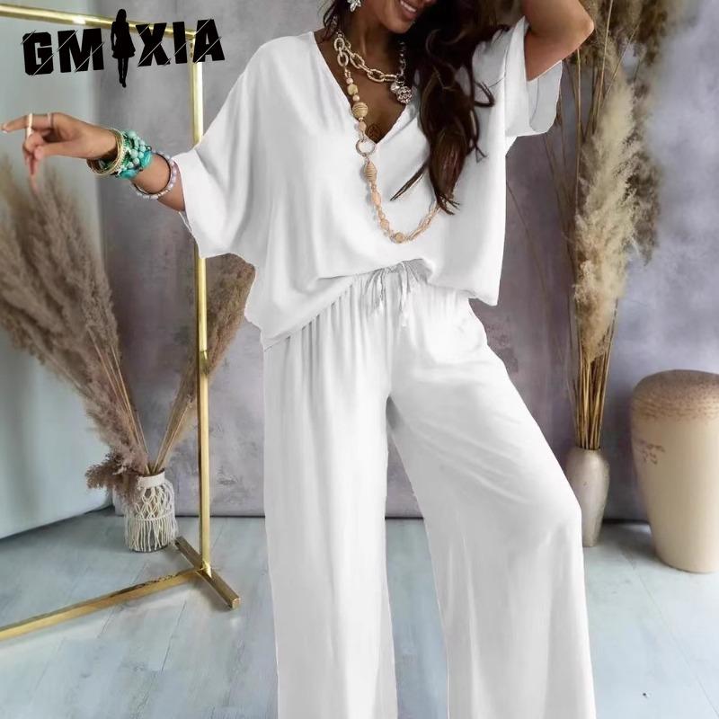 GMXIA Women's V-Neck Bat Sleeve Casual Loose Wide Leg Pants Set