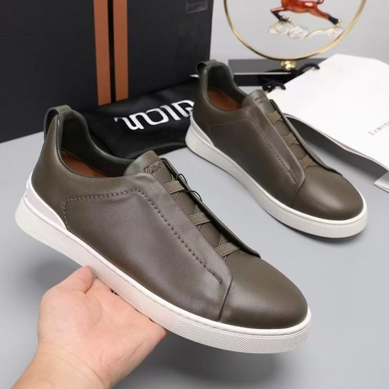Mens Genuine Leather Slip-On Casual Sneakers With Elastic Band Comfortable Breathable Low-Top Flat Shoes