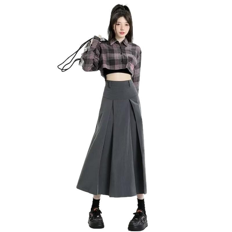 Autumn/Winter Plus Size A-Line Pleated Skirt: High-Waisted, Hip-Covering, Slimming Short Skirt for Petite & Chubby Girls in College Style.