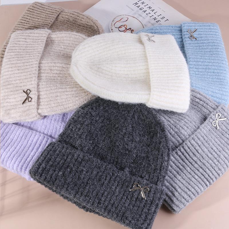 Bow Tie Knitting Cap Hat Woolen Yarn Cuff Knit Beanie Casual Fleece Warm Knitted Hat